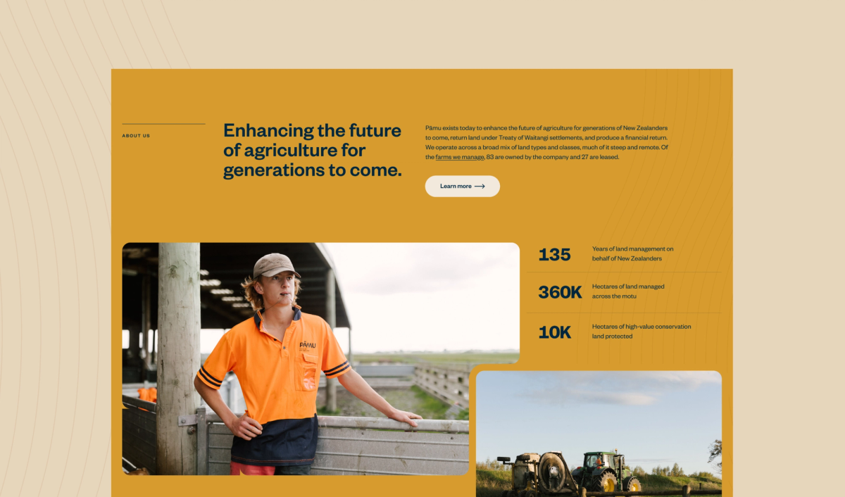 Website section about agriculture with a young man, farming statistics, and tractors.
