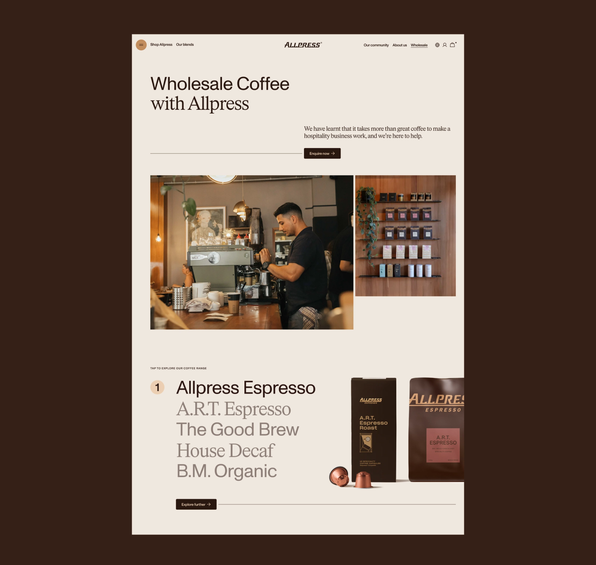 Allpress Wholesale Coffee webpage featuring a barista, coffee products, and espresso offerings.