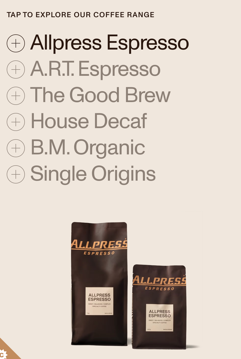 A list of Allpress coffee varieties with plus icons under "Tap to Explore Our Coffee Range", above two Allpress Espresso coffee bags.