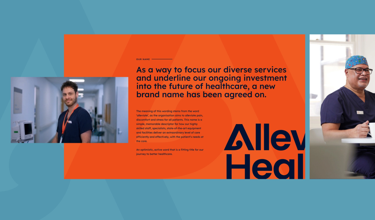 A split image showing healthcare professionals and an orange announcement for the "Allevy Heal" brand.