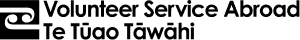 Logo for Volunteer Service Abroad Te Tūao Tāwāhi, with a white stylized spiral design on a black background.