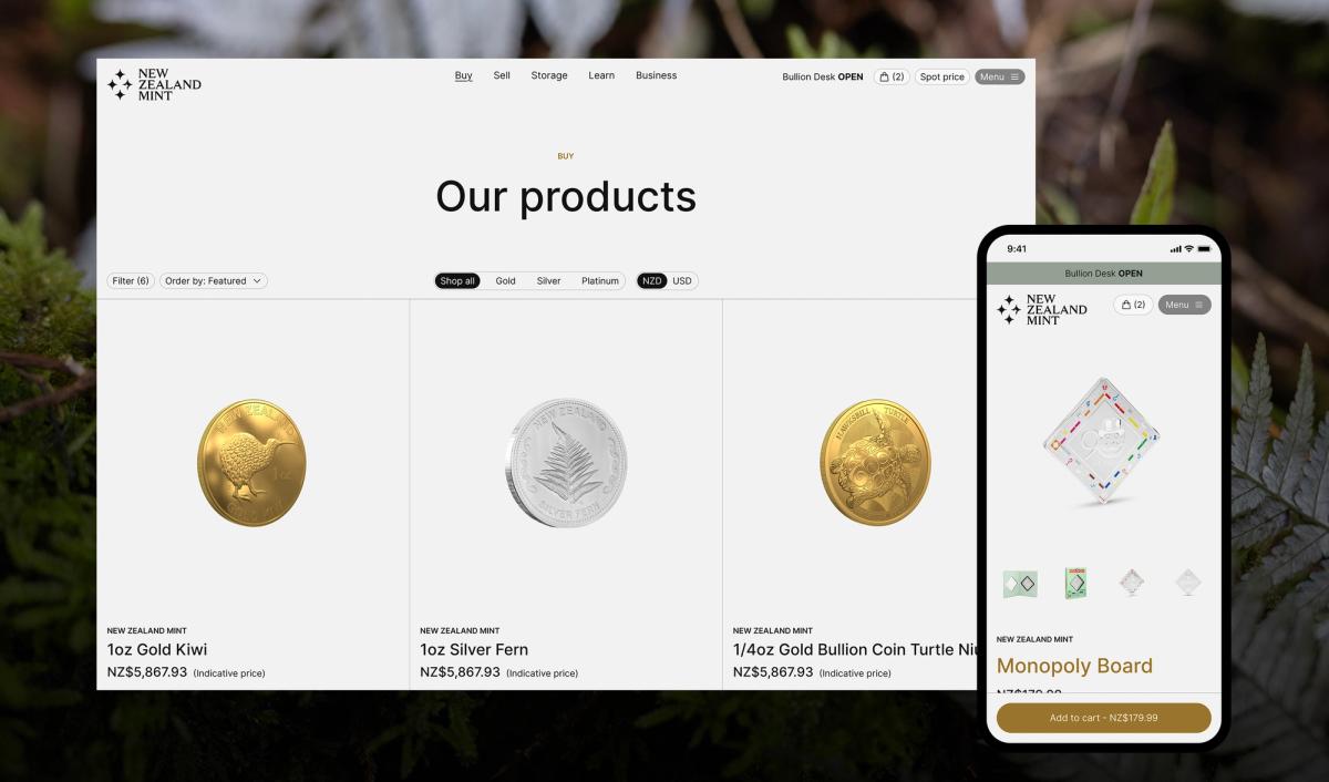 New Zealand Mint website and mobile app displaying gold, silver, and themed collectible coins.