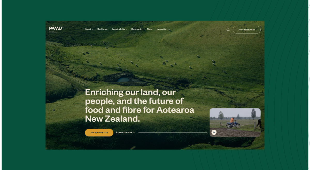 Screenshot of the PĀMU Landcorp Farming website homepage, featuring green rolling hills with sheep and the text: "Enriching our land, our people, and the future of food and fibre for Aotearoa New Zealand."