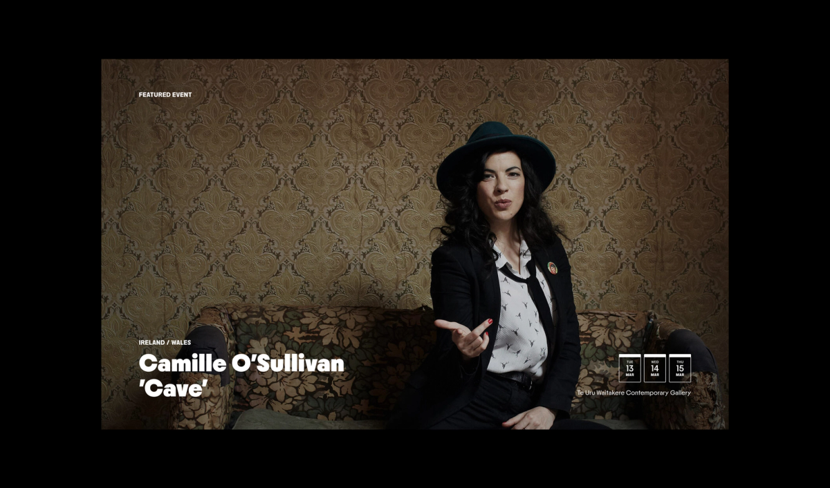 Camille O'Sullivan, in a dark hat and suit jacket, sits on a floral couch, gesturing, with text "Camille O'Sullivan 'Cave'" and dates 13, 14, 15.