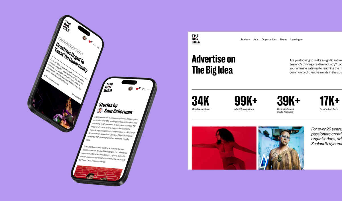 The Big Idea website displayed on two smartphones and a desktop screen, featuring articles and an "Advertise" page with audience statistics.