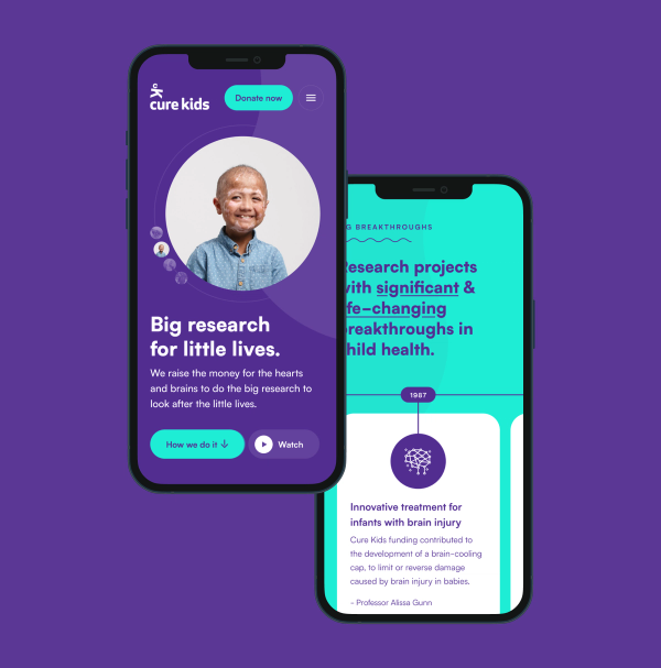 Two smartphones display the Cure Kids website on a purple background, featuring a smiling child and child health research breakthroughs.