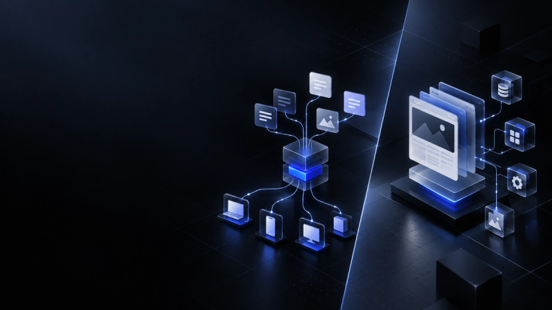 Digital data and content management visualization, linking devices and cloud services.