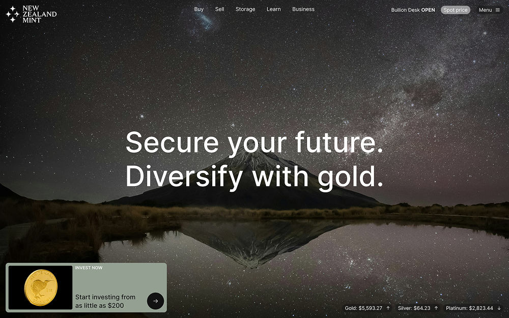 New Zealand Mint website with a starry night sky, a mountain reflecting in a lake, and the text "Secure your future. Diversify with gold."