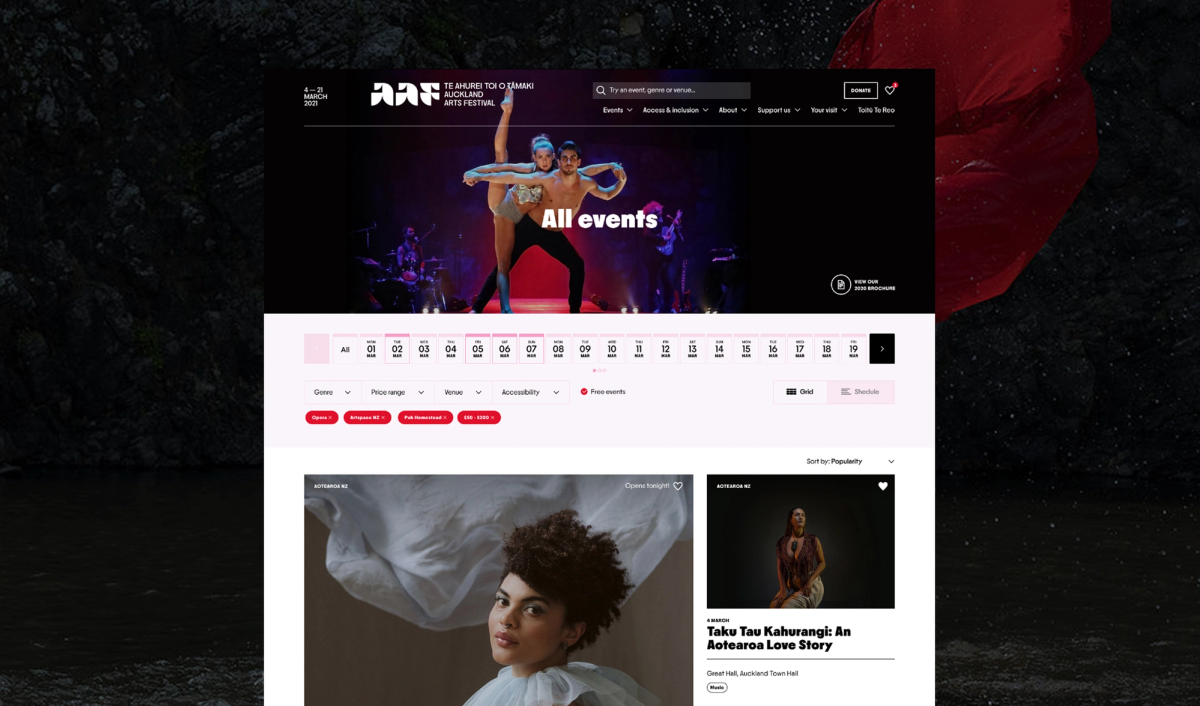Auckland Arts Festival website displaying various events.