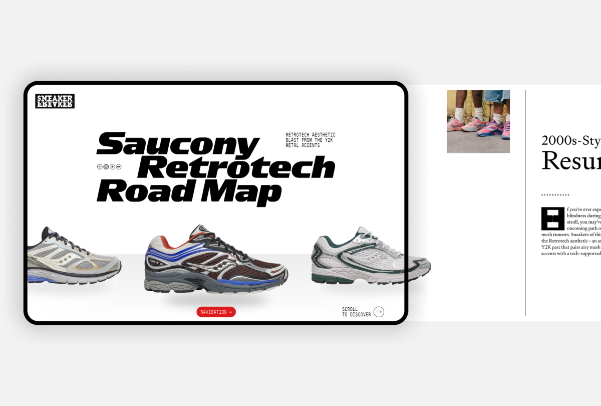 Website displaying "Saucony Retrotech Road Map" with three retro sneakers, next to a "2000s-Style" article.