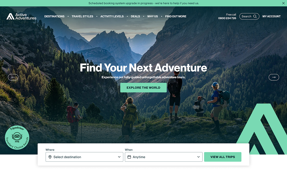 Active Adventures website homepage featuring hikers in a scenic mountain landscape, with the headline "Find Your Next Adventure" and trip search fields.