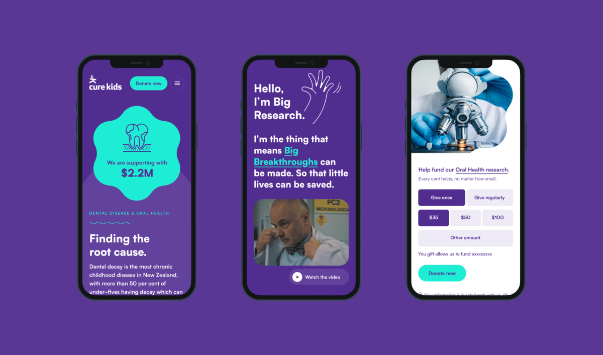 Three smartphones display "Cure Kids" app screens about dental health research, showing funding progress, research impact, and donation options.