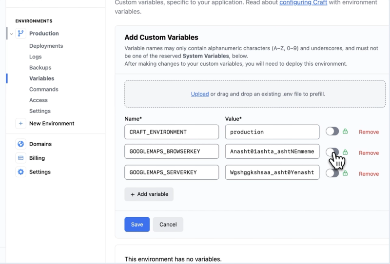 A web interface for managing custom environment variables, showing three variables with name and value fields, plus toggles to show/hide values. A cursor points to one of the toggles.