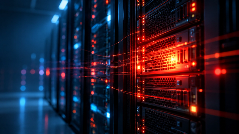 Server racks in a dark data center, glowing with red and blue lights and illuminated red data lines.