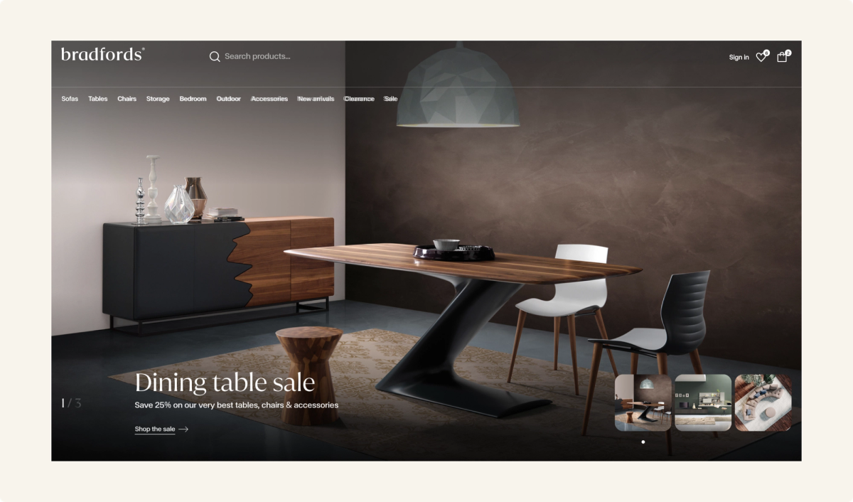 Bradfords furniture website homepage showing a modern dining room with a wooden dining table, sideboard, and chairs, advertising a "Dining table sale".