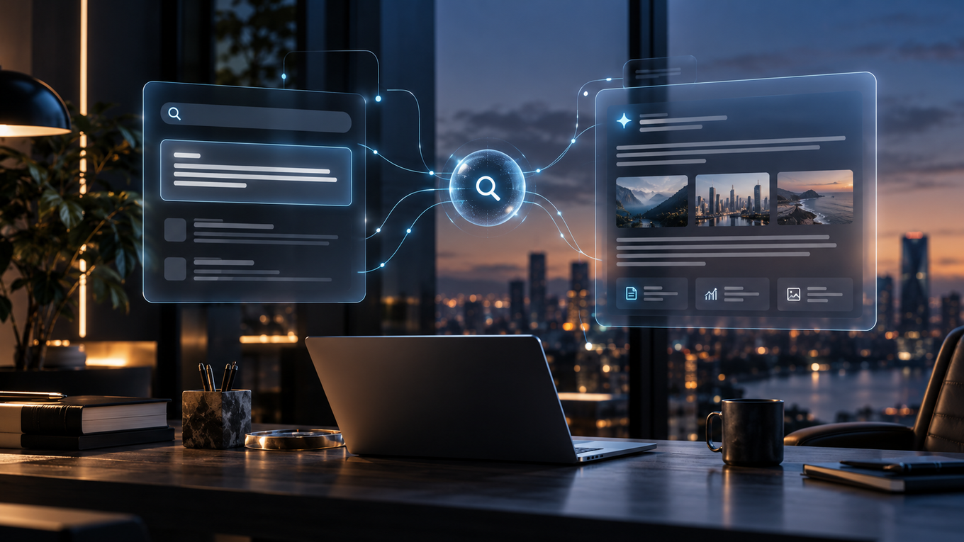 Virtual search interfaces displaying input and results, connected by a glowing search icon, float above a laptop on a desk with a city view.
