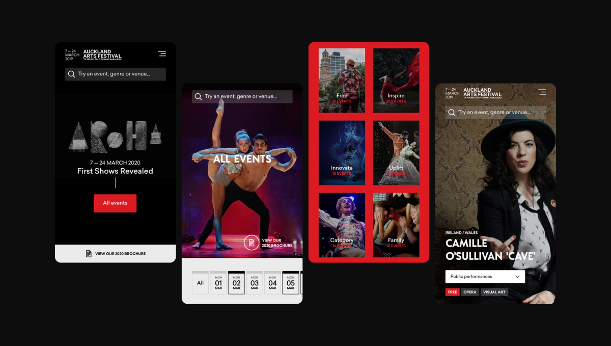 Four mobile screens showcasing different interfaces of the Auckland Arts Festival app, including event listings, categories, and an artist's profile page.