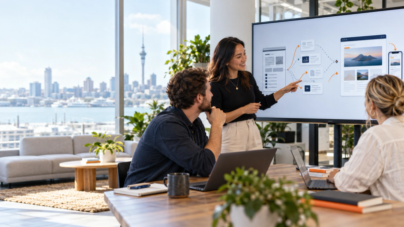 A woman presents a digital design workflow on a large screen to two colleagues in a bright modern office with a city skyline view.