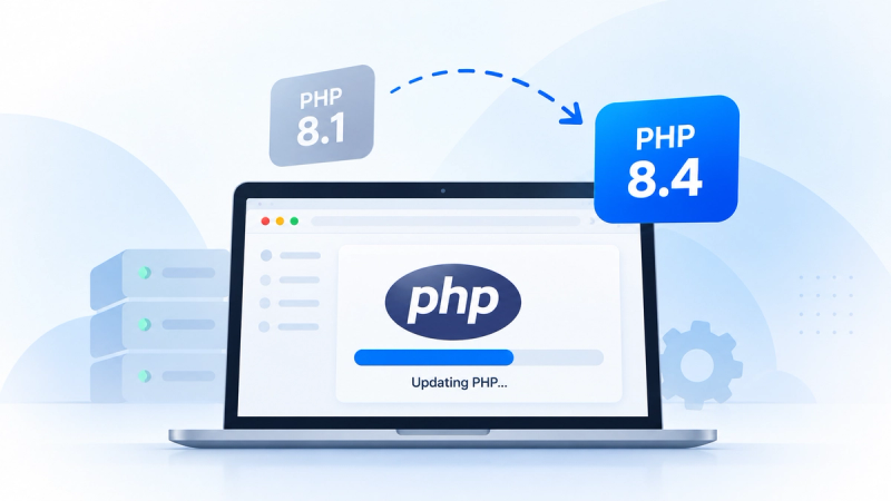 Laptop displaying a PHP update from version 8.1 to 8.4, with servers in the background.