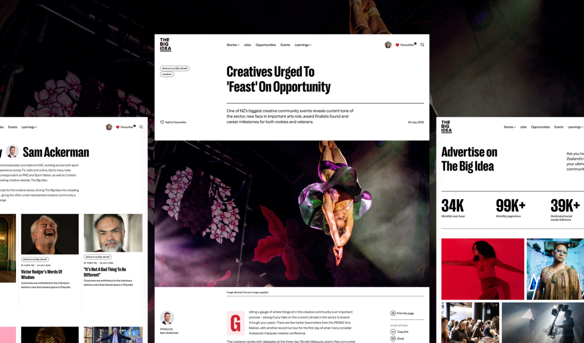 A montage of The Big Idea website pages showcasing creative articles, advertising, and images of performers.