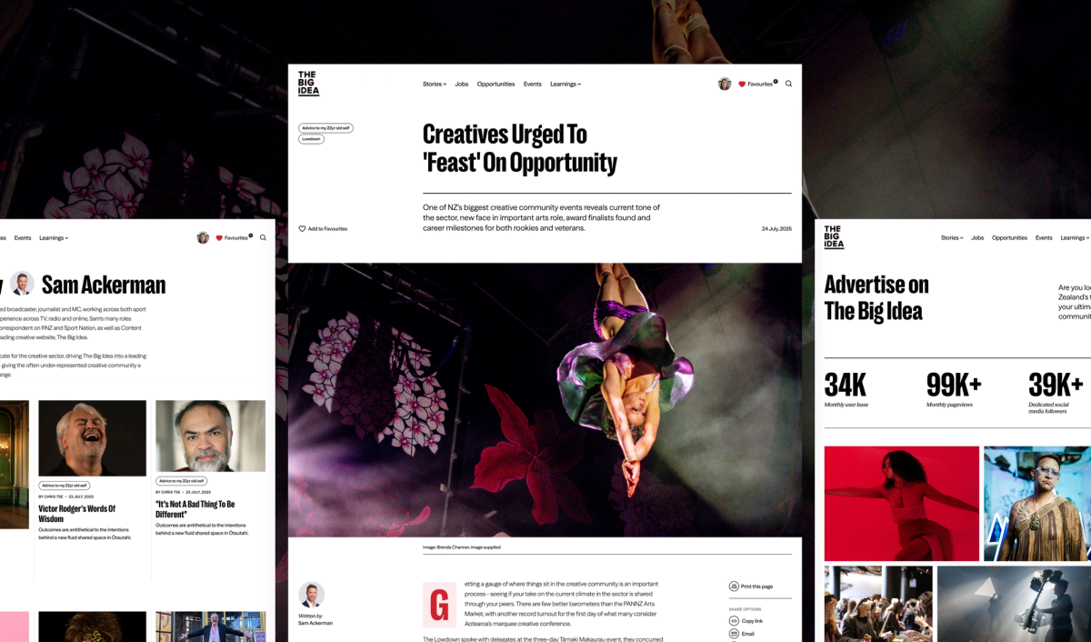 A montage of The Big Idea website pages showcasing creative articles, advertising, and images of performers.