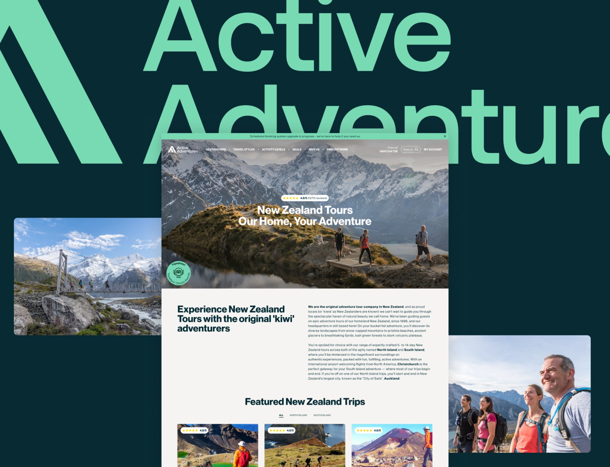Screenshot of an "Active Adventure" website for New Zealand tours, featuring mountain landscapes and hikers.