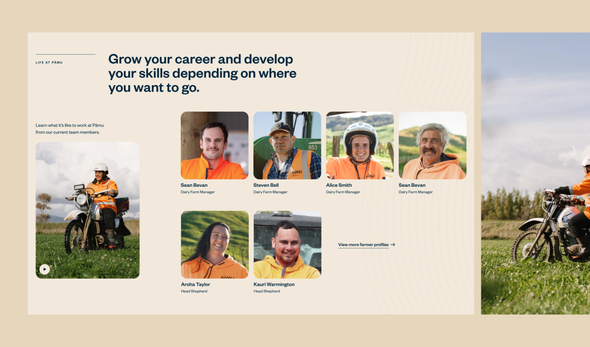 Pāmu careers page with team member profiles, a person riding a motorcycle in a field, and the text "Grow your career and develop your skills."