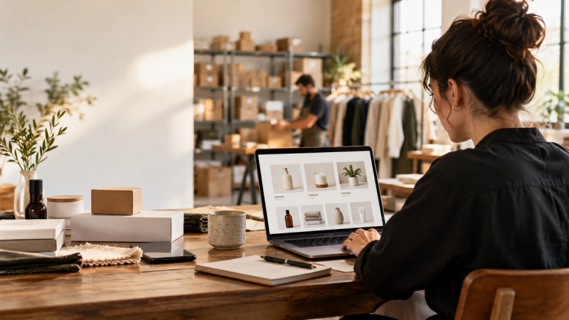 A woman works on a laptop displaying an e-commerce website in a busy small business office.