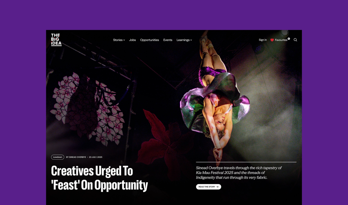 A website page for "THE BIG IDEA" featuring an aerialist upside down in a purple top and green fabric, with the headline "Creatives Urged To 'Feast' On Opportunity".