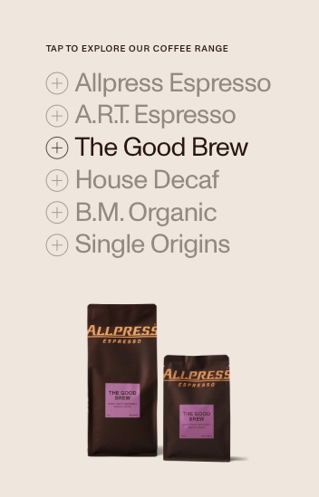 A list of Allpress coffee varieties with plus icons under "Tap to Explore Our Coffee Range", above two Allpress Espresso coffee bags.