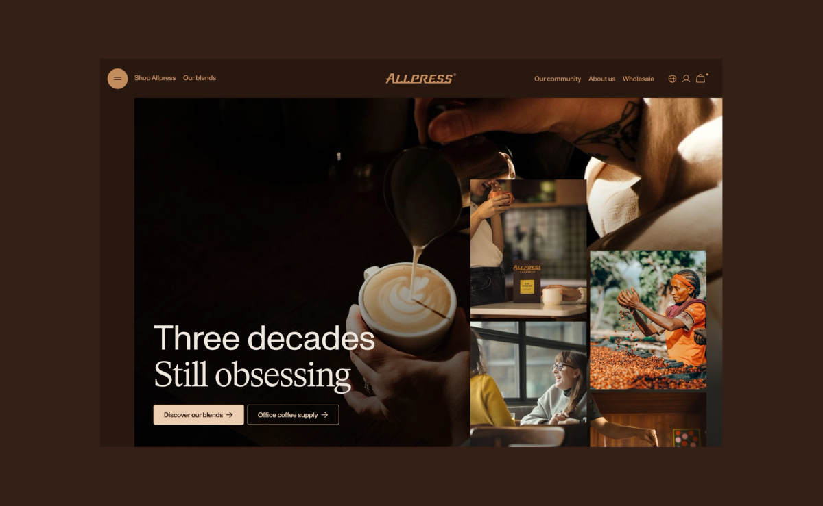 Screenshot of the ALLPRESS coffee website featuring latte art being poured, the text "Three decades Still obsessing", and a collage of coffee-related images.