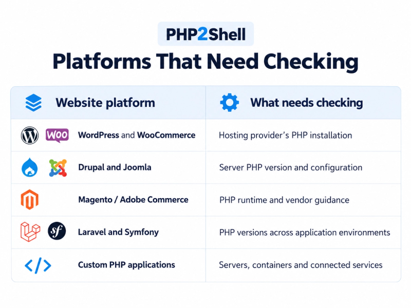 Table: PHP2Shell Platforms That Need Checking, detailing PHP components to verify for WordPress, Drupal, Magento, Laravel, and custom applications.