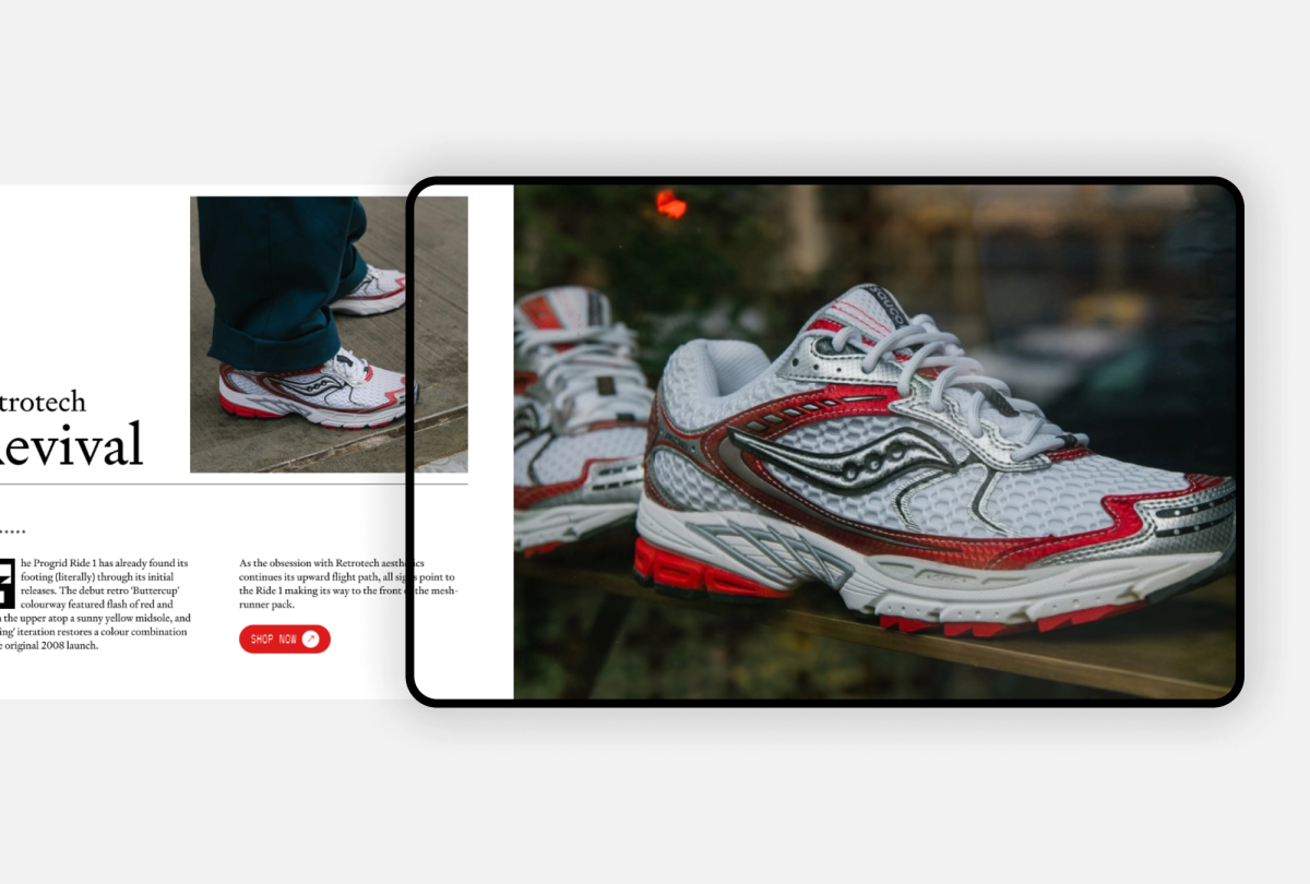 Web page displaying white, red, and silver Saucony sneakers for a "Retrotech revival."
