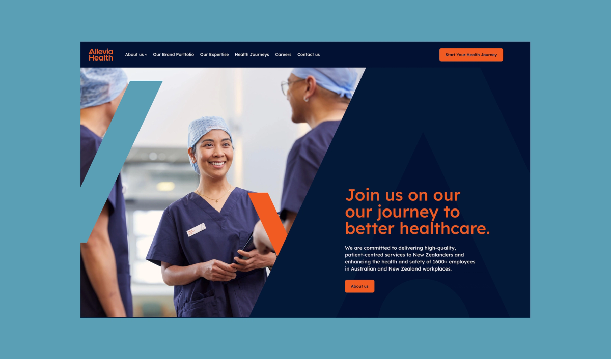 Allevia Health website homepage with smiling healthcare professionals and the headline 'Join us on our journey to better healthcare.'