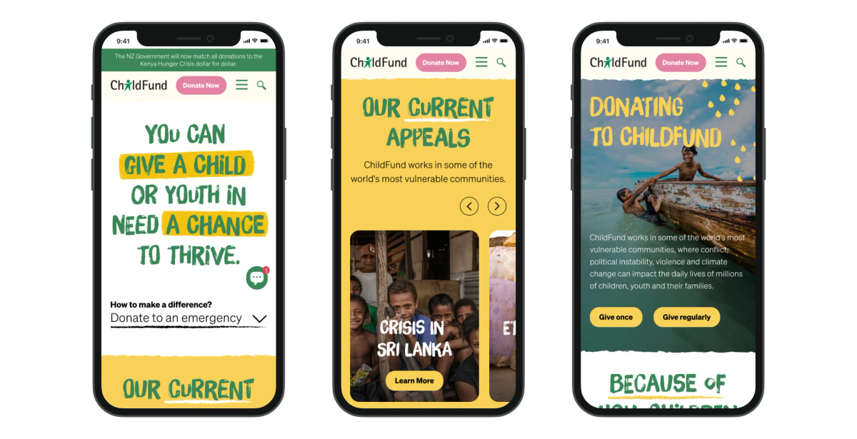 Three mobile phone screens displaying the ChildFund website, showing its homepage, current appeals, and donation page.