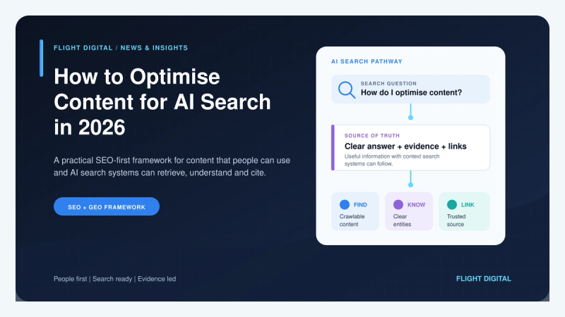 A slide titled "How to Optimise Content for AI Search in 2026," detailing an AI Search Pathway framework that prioritizes clear answers, evidence, and trusted links.