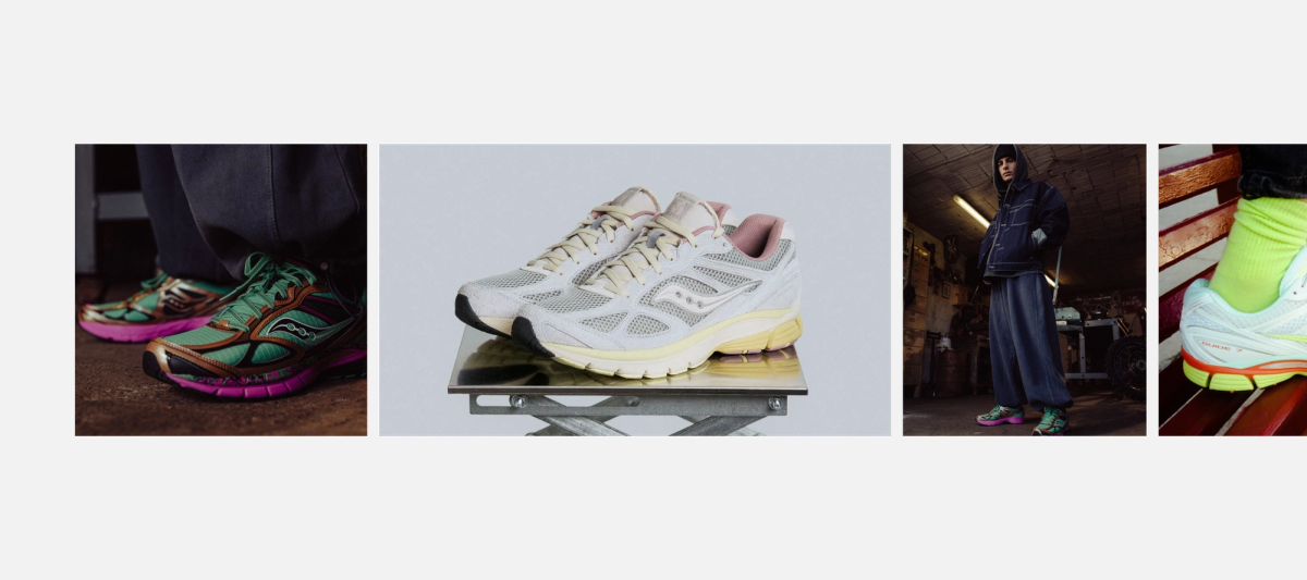 Four images showcasing various sneakers, including green and gold, light gray, and white with neon socks, on feet and on display.