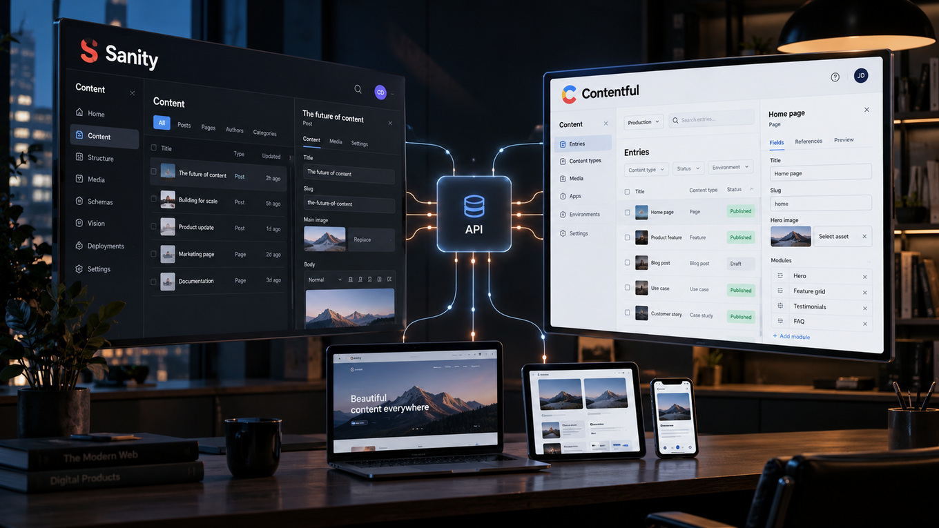Sanity and Contentful content management interfaces on large screens, linked by an API, with a laptop, tablet, and phone displaying synchronized website content.