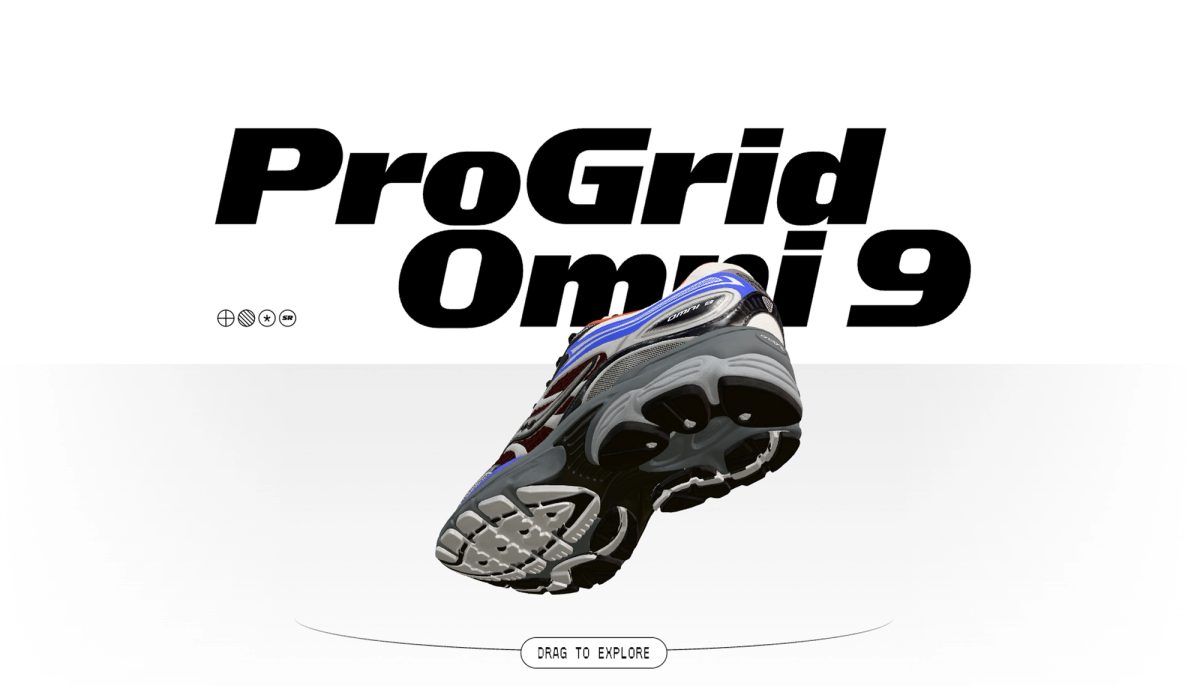 A grey, black, blue, and red sneaker floats on a white background with the text "ProGrid Omni 9".
