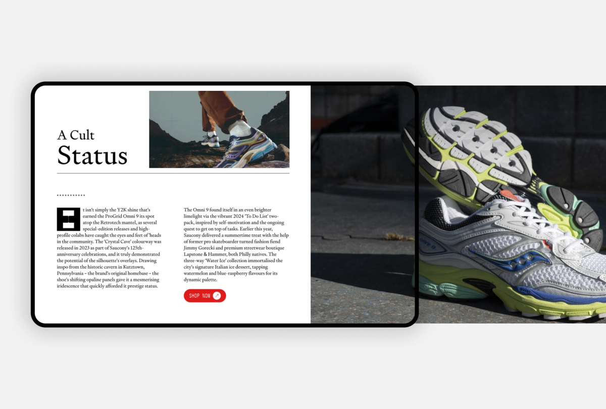A tablet screen showing a sneaker article, next to two white, blue, and lime green Saucony shoes.