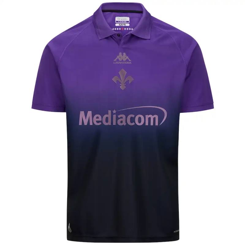 Kappa Fiorentina's 2024-25 fourth kit featuring a gradient purple design on black base with iridescent logos, shown with matching shorts and socks. The jersey displays a polo-style collar and the iconic Fleur-de-lis symbol of Florence.