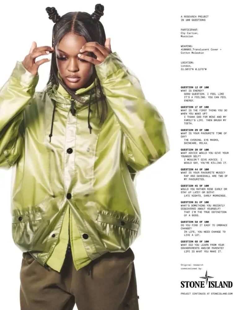 image about Stone Island's latest campaign featuring diverse international talent wearing autumn/winter 2025 collection pieces photographed by David Sims.