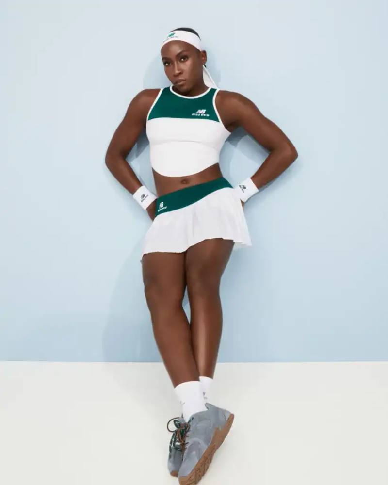 image of collaboration between New Balance and Miu Miu featuring tennis champion Coco Gauff. It details how Gauff will wear the collection during tournaments in Rome, Berlin, and Cincinnati, describes the on-court outfits with color-block designs and co-branded Coco CG2 shoes, as well as off-court attire including zip hoodies and 530 SL sneakers. The collection launches September 10th at select stores and online, with Gauff hosting a Miu Miu Select event in New York the same day to showcase her personal picks from the Fall/Winter 2025 collection.