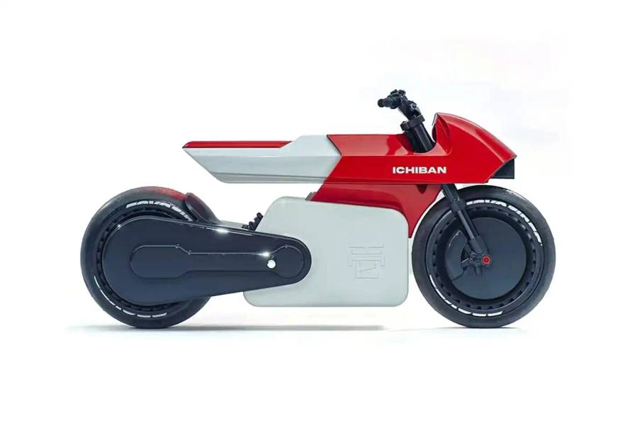 A sleek electric motorcycle from Ichiban Motorcycles featuring a streamlined design with red bodywork, inspired by the iconic bike from Akira anime. The motorcycle showcases clean lines and modern styling elements.