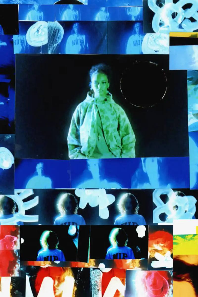 Carhartt WIP/Joshua Gordon A collage of high-saturation photographs showing Carhartt WIP's Spring/Summer 2025 collection. Models wear utility vests, collegiate hoodies, and camouflage jackets against a backdrop of overlapping images with light leaks and hand-drawn illustrations by Joshua Gordon.