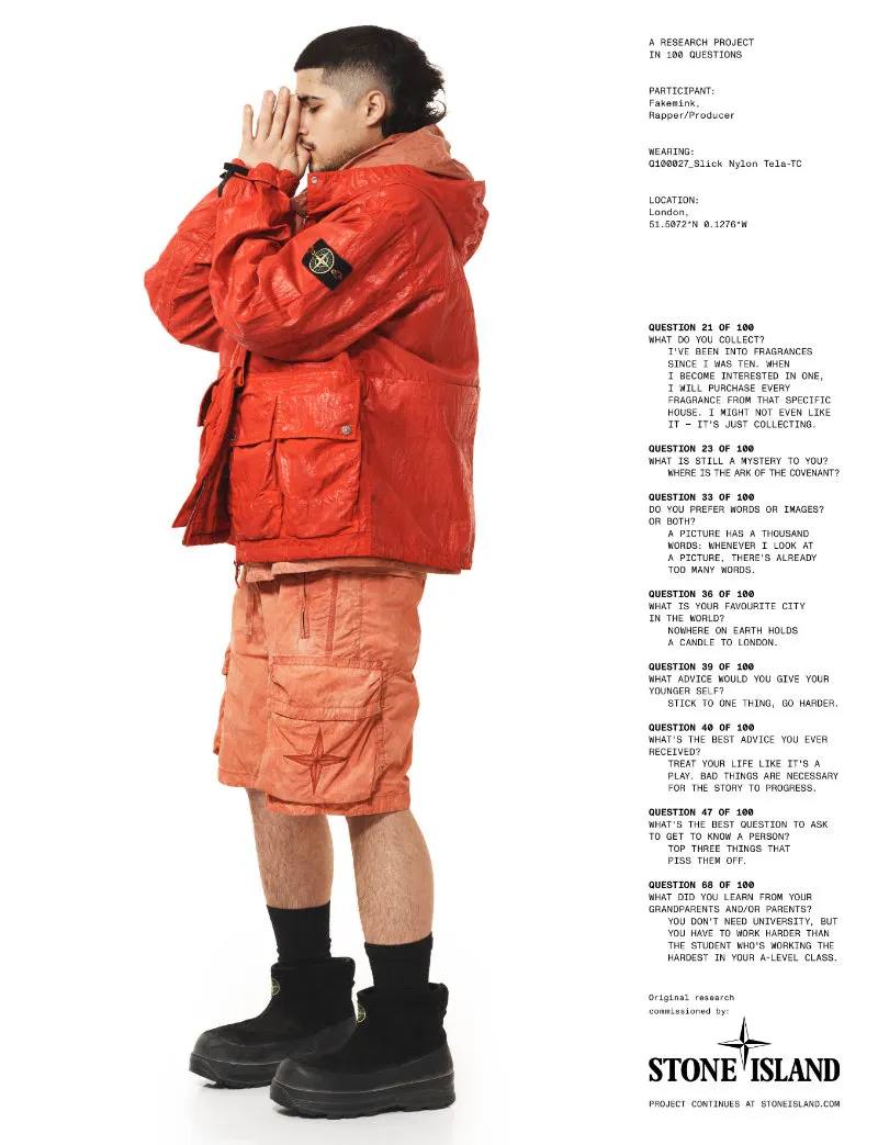 image of the Stone Island Autumn Winter 2026 campaign, detailing the cast, the 100 questions format, and the focus on research and culture.