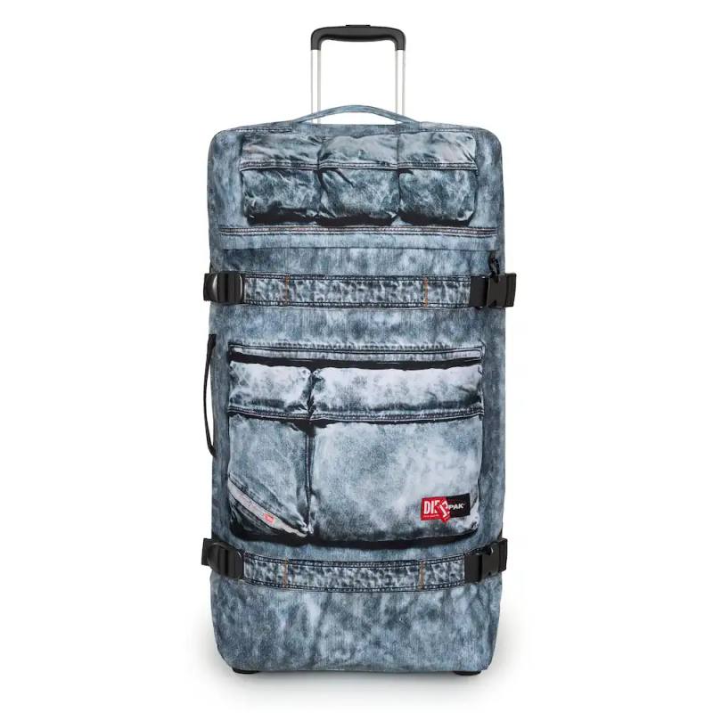 image about Eastpak and Diesel's first collaboration featuring backpacks and bags made with denim materials and co-branded logos.