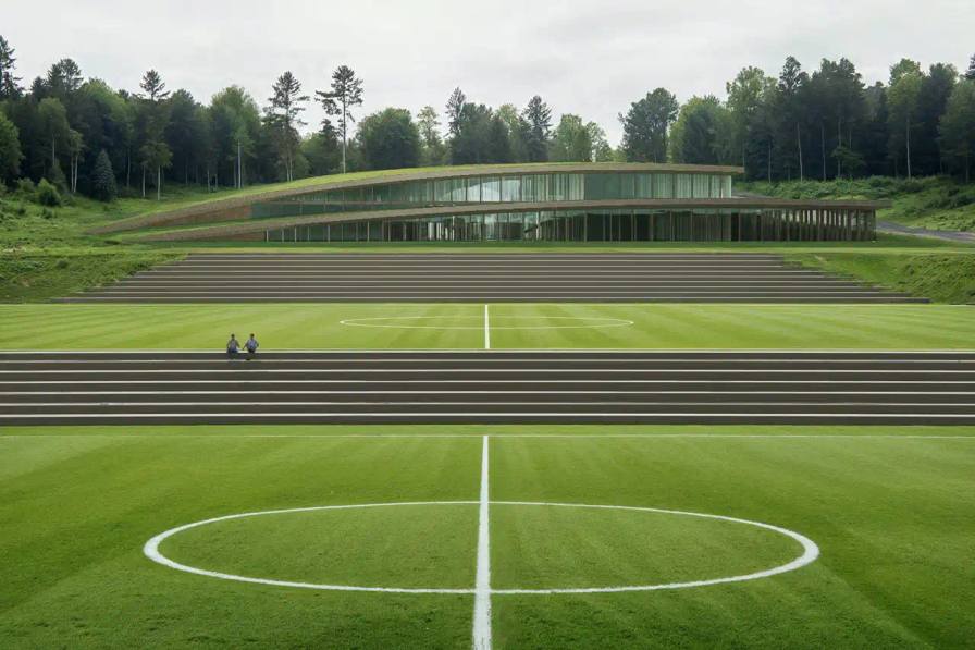 Snøhetta Aerial view of Snøhetta's proposed football training facility in Asker, showing grass-covered terraces leading to a wooden building complex with a circular courtyard.
