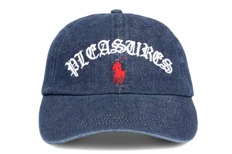 PLEASURES X POLO RALPH LAUREN: NINE NEW CAP STYLES A collaborative baseball cap collection between PLEASURES and Polo Ralph Lauren, featuring nine color options, unique dual branding, and brass adjustable buckle. Part of the Spring/Summer 2025 collection launch, available online Friday at 10 am PST.