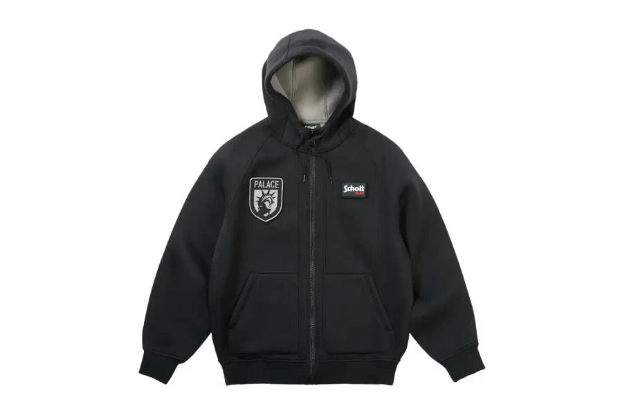 PALACE AND SCHOTT NYC DROP WORKWEAR COLLECTION Palace Skateboards partners with Schott NYC for a Spring 2026 collection drawing from New York City municipal workwear, featuring a black CWU bomber jacket with removable patches, waffle-knit crews, and bonded fleeces.